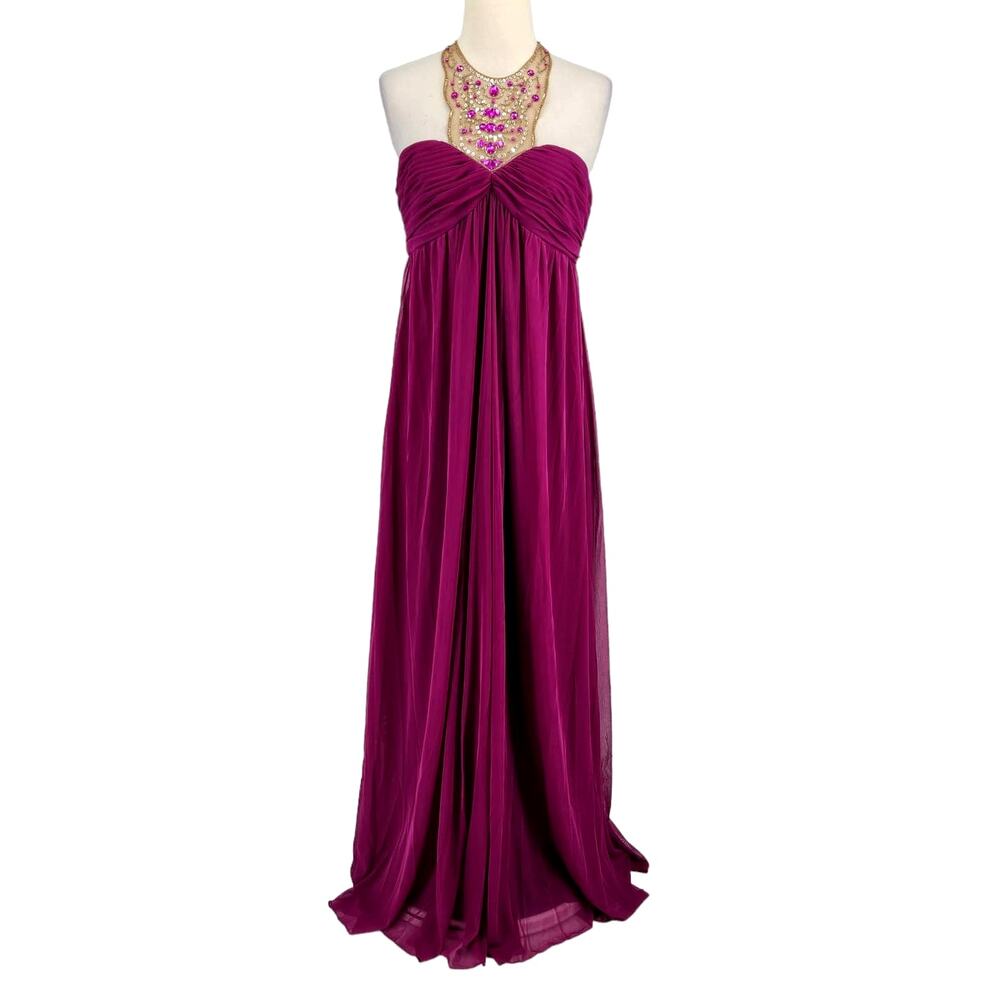 VINTAGE Formal Halter Gown Empire Waist Dress Pink Jeweled Beaded Size 8